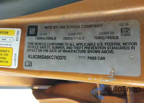 2019 Chevrolet Spark Ls z USA, uszkodzony, nr VIN KL8CB6SA6KC743370